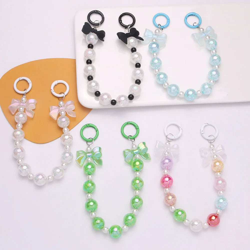 Cute Bowknot Keychains For Women Sweet Acrylic Colorful Beaded Keyring Bag Decoration Earphone Case Pendant Accessories