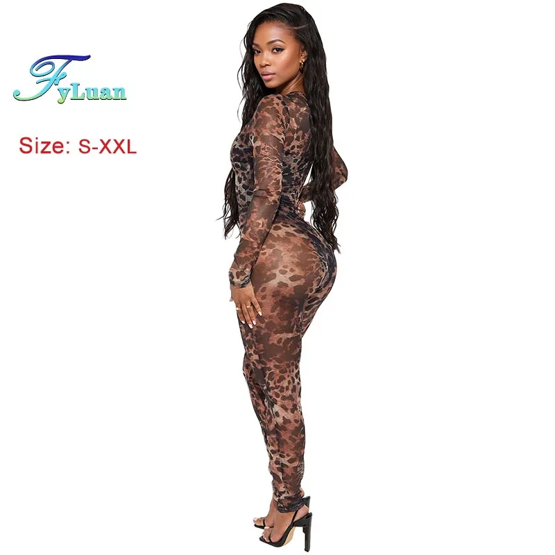 مثير Bodycon حللا ملابس حريمي ليوبارد شبكة طباعة شبه منظور الانتقال دعوى طويلة الأكمام ارتداءها ملهى ليلي نادي الملابس