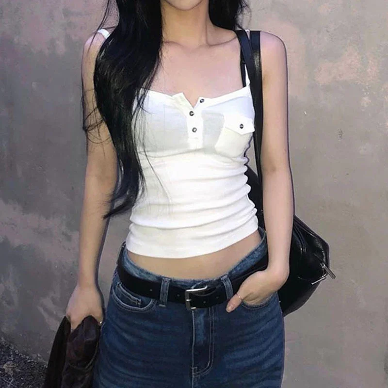 

y2k Tops Women Solid Color Button Front Spaghetti Strap Sleeveless Camisole with Pocket Decor 2000s Vest Streetwear