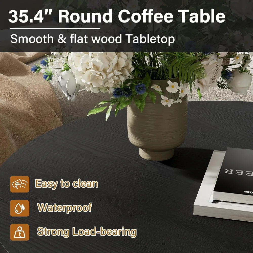 Round Coffee Table, 35.4 Circle Wide Coffee Table, Wood Table and Center Table for Living Room, Black