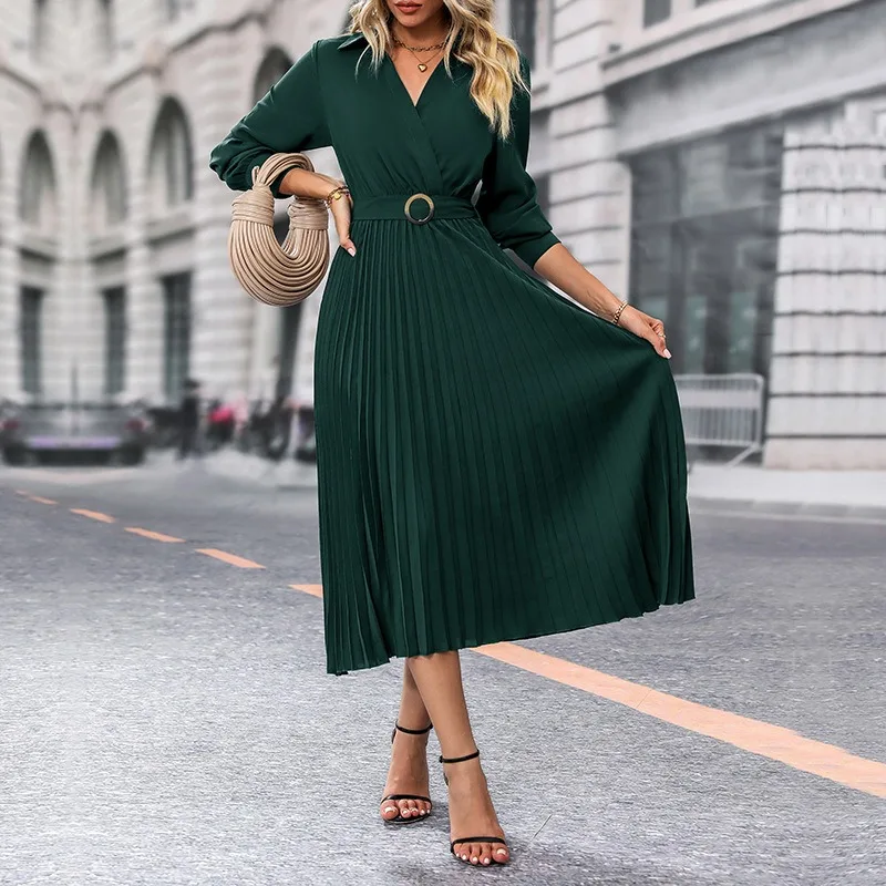 

Women's Fashion Solid Slim Pleated Dress Spring 2024 Autumn New Elegant Dress Women's Lantern Sleeve V-neck High Waist Dress
