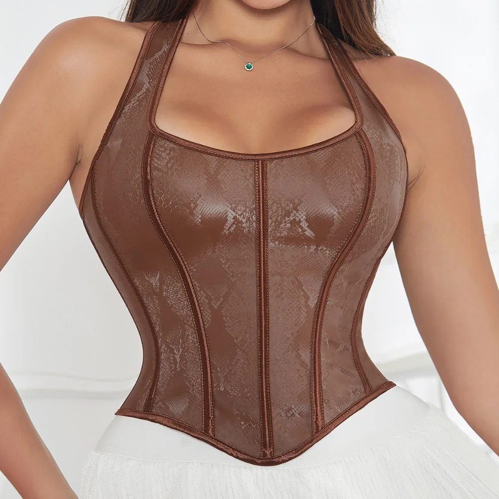 

Brown Corset with Shoulder Straps Women Bustier Tops Vest Overbust Sexy Flower Print Vintage Fashion Medieval Plus Size
