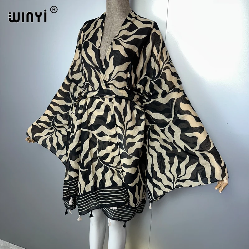 WINYI Afrika Mode Kimono Strand Outfits Frauen Sommer Strand Cover Up Strickjacke Stich Selbst Gürtel Urlaub Langarm Print Mantel