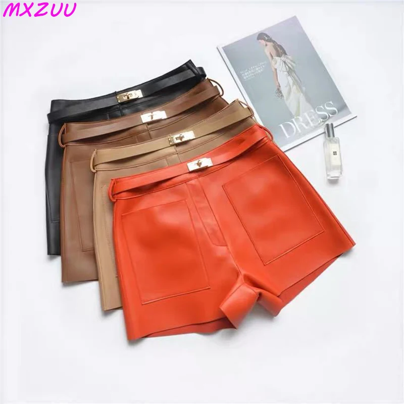 Leather Shorts Women\'s Hot Pants Casual Pantalon Corto Mujer Real Sheepskin Big Pockets Metal Buckle Belt Khaki/Orange Trousers