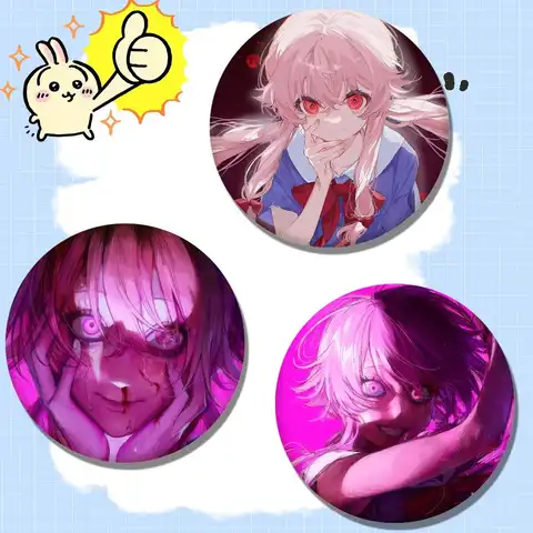 Gasai Yuno Yandere Mirai Nikki Anime Future Diary CUTE Badges Anime Round Laser Badge Cartoon Brooch Backpack Accessories Lapel