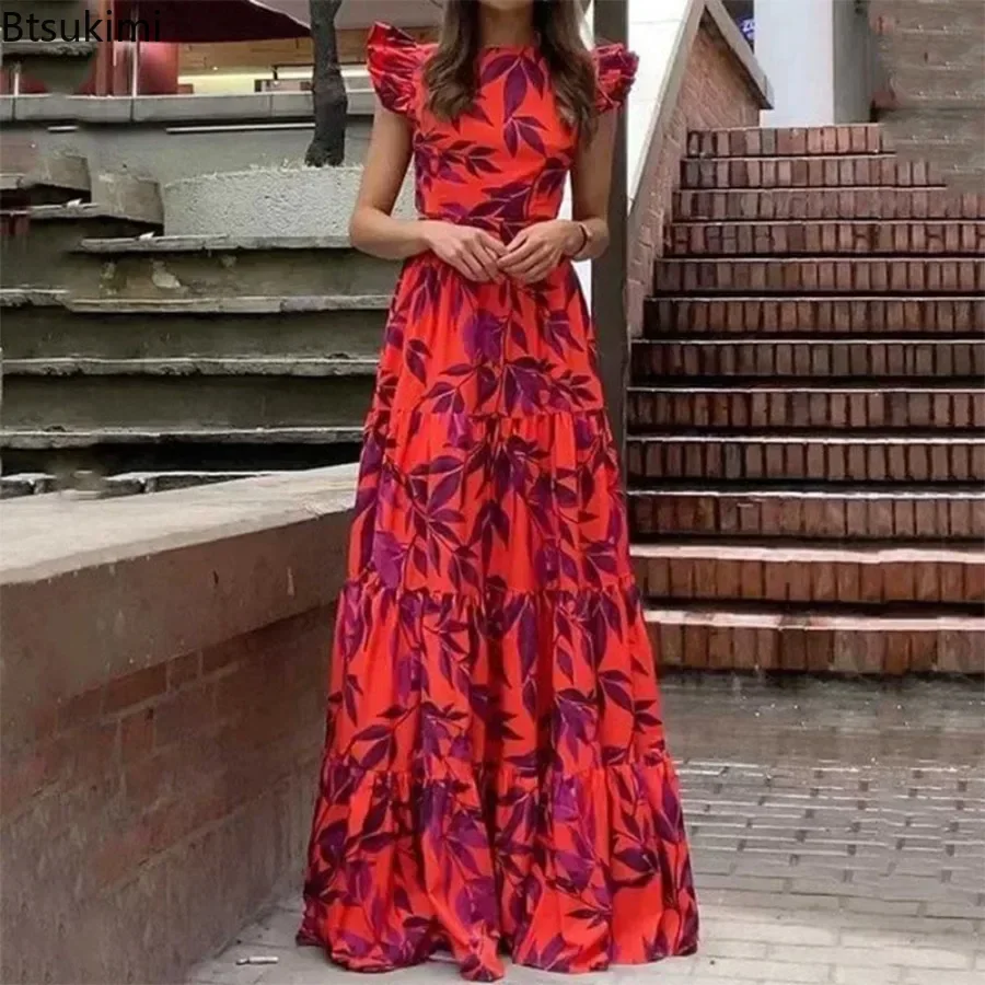 

2024 Summer Vintage Print Maxi Dress Women's Fashion Flying Sleeve O-neck Ruffled Hem Backless Lace Up Nipped Waist Long Dresses