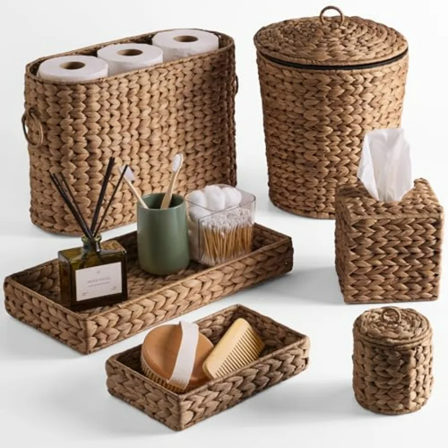

6PC Bathroom Accessories Set Vanity Trays Qtip Canister Square Tissue Box Cover Small Wicker Trash Can Toilet Paper Basket Stor