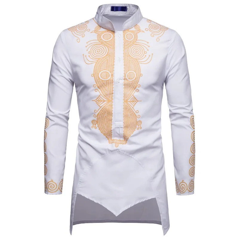 

Men Shirt Spring Fall New Style Casual Middle Eastern Gold Foil Stand Collar Mid Length Shirt Men
