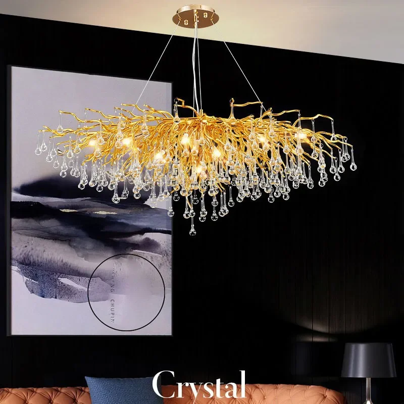 

Post Modern Luxury Copper Branch Water Drop Crystal Chandelier Restaurant Villa Hall Round Living Room Salon Chandeliers Ceiling