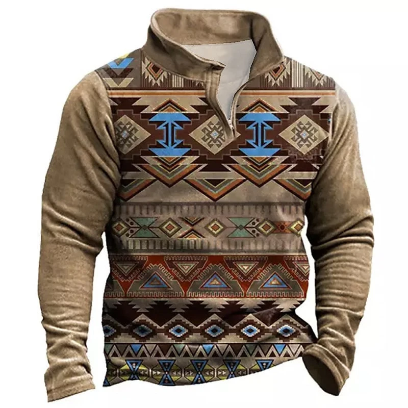 Vintage Pattern Print Patchwork Hoodie Men Streetwear Casual Long Sleeve Zip Turn-down Collar Sweatshirts Fashion Pullover Tops