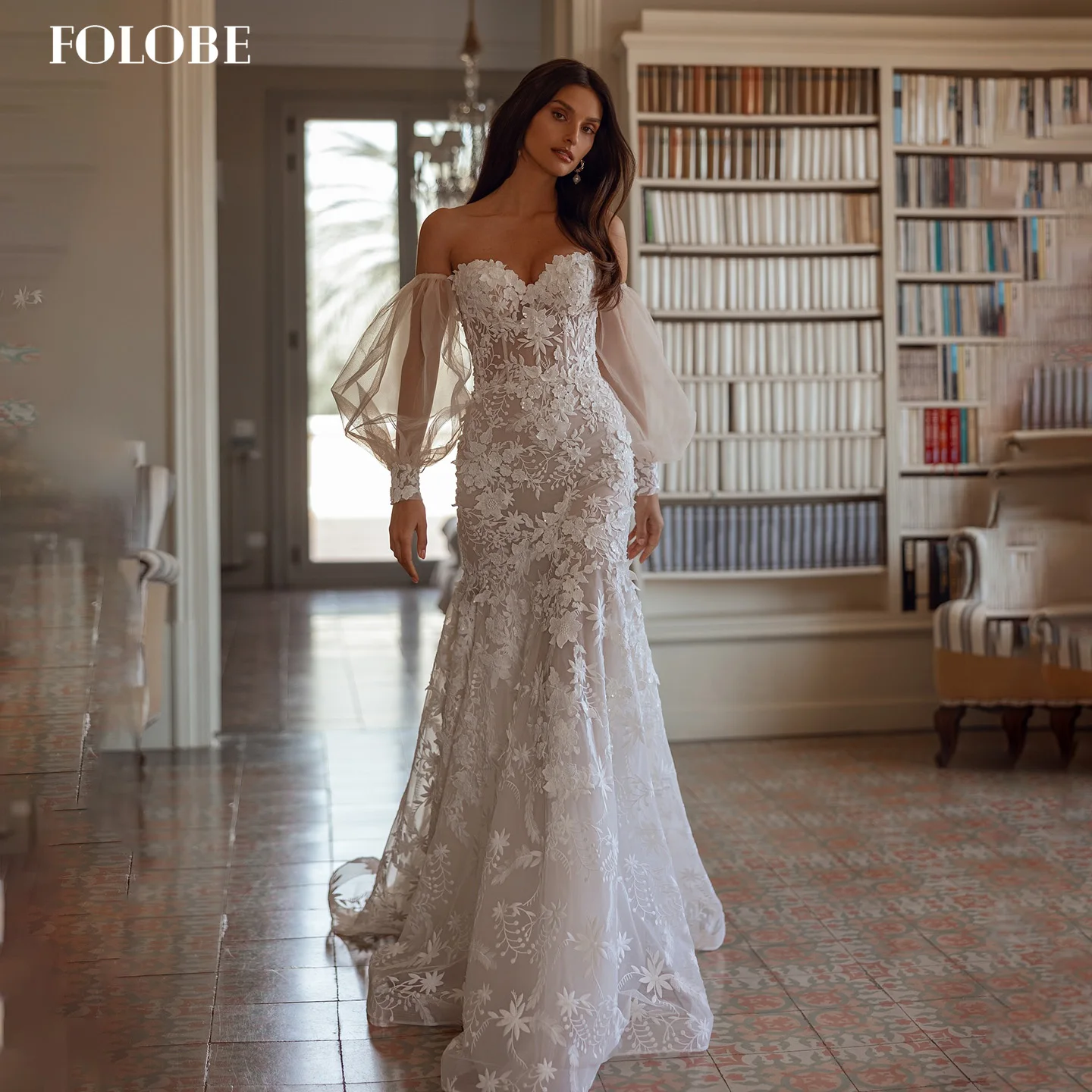 

FOLOBE Sweetheart Applique Mermaid with Puffy Sleeve Elegant Bridal Ball Gown Wedding Party Bride vestidos de noche Customized