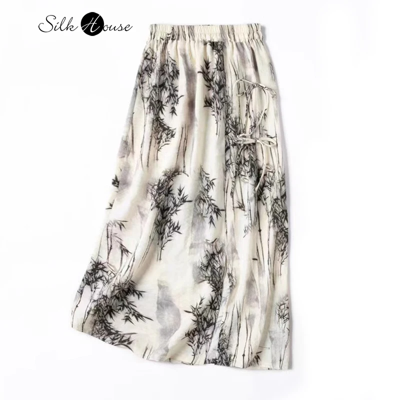 

"National Style Ink Bamboo" Slightly Wrinkled Texture 76%Natural Mulberry Silk Dry Silk Side Split Straight Strap Women's Skirt