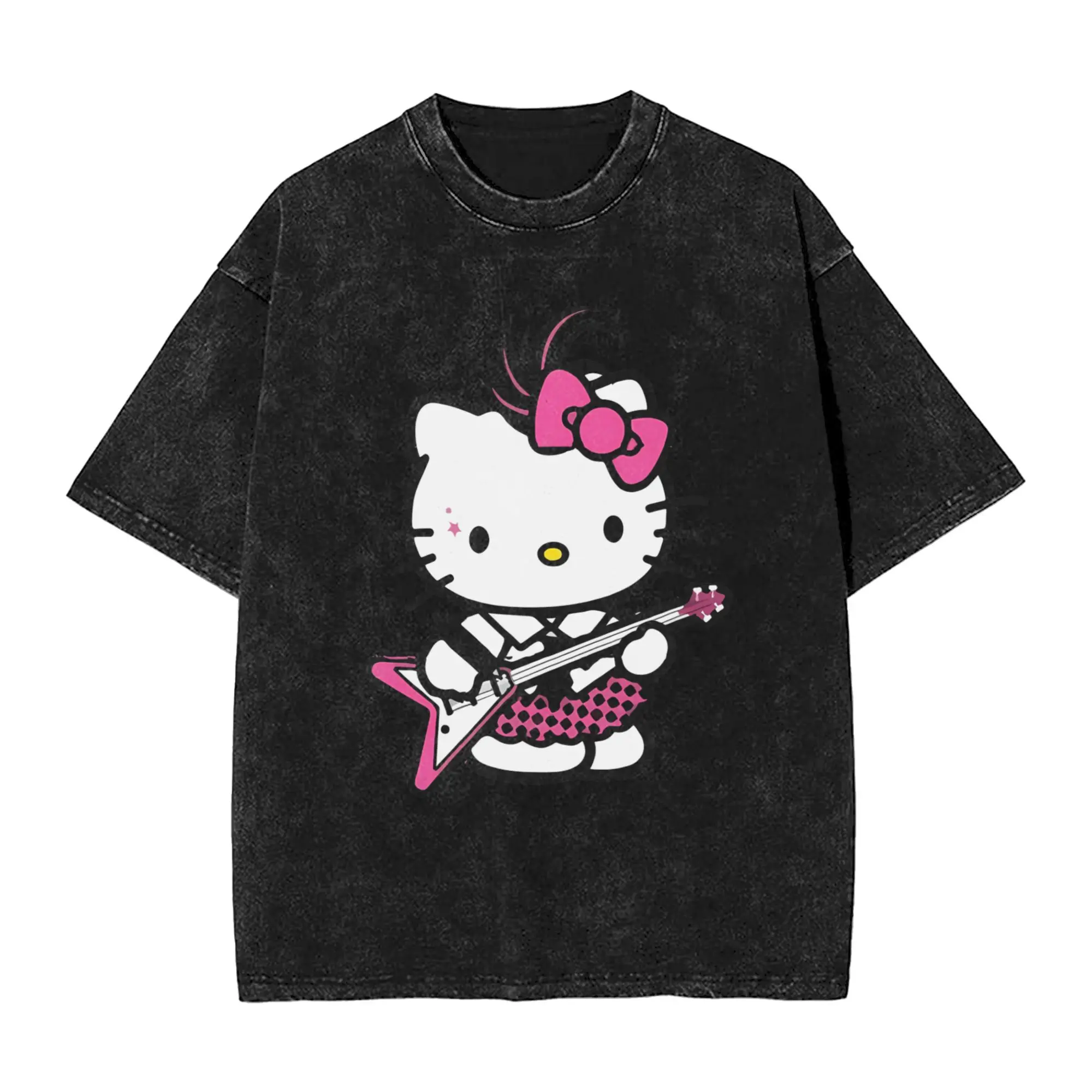 

Hello Kitty Punk Rock Washed T-Shirt Couple Y2K Funny Casual T Shirts Summer O-Neck Harajuku Tees Custom DIY Oversized Tops