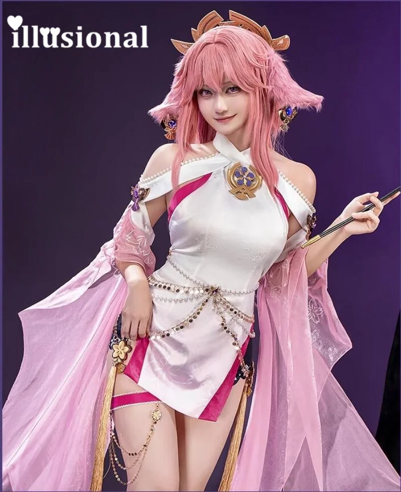 illusional Genshin Impact Yae Miko Dress Cosplay Costume Game Yae Miko Sexy Cheongsam Female Halloween Costumes