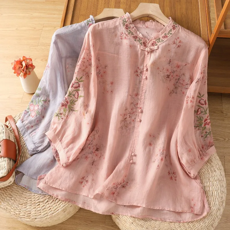 

Chinese Style Women's Blouse Embroidery Vintage Shirts Fashion Loose Summer Clothing Short Sleeve Cotton Linen Women Tops