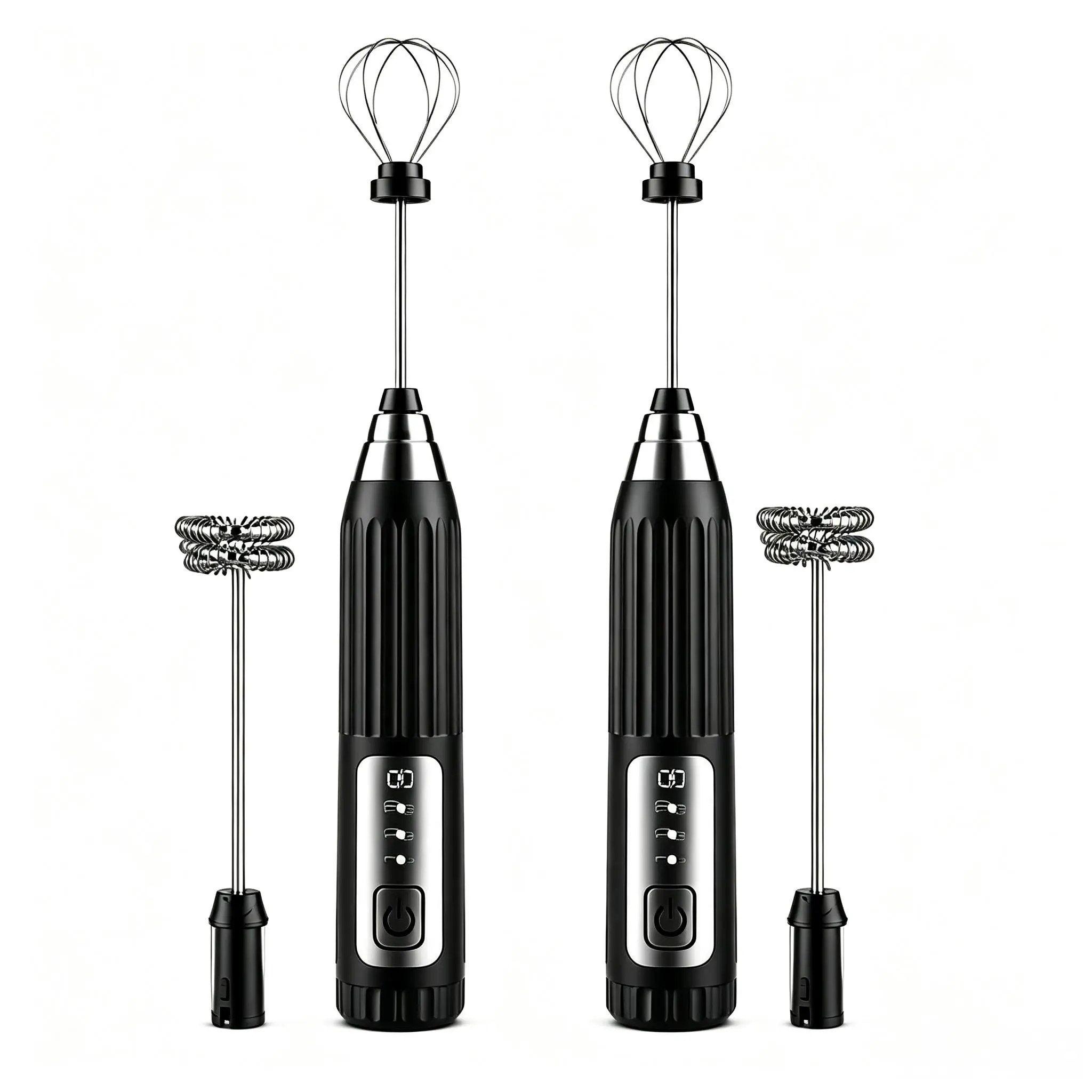 Lot de 2, mousseur à lait électrique portatif 2-en-1, rechargeable par USB, trois vitesses réglables, jusqu'à 9000 tr/min, puissant, compact et léger, sans fil, accessoires amovibles pour latte macchiato/cappuccino/blanc d'œuf, aide à la préparation portable pour barista.