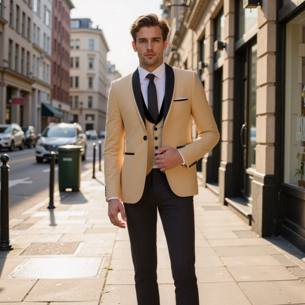 

Мужские костюмы из трех предметов с шалью и лацканами, приталенный банкетный повседневный свадебный костюм, однобортные костюмы (куртка + жилет + брюки)