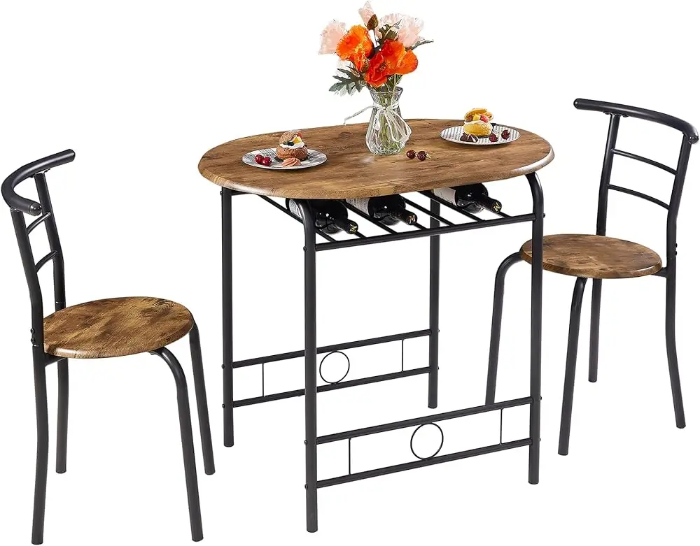 

3 Piece Small Round Dining Set for Kitchen Breakfast Nook, Wood Grain Tabletop with Wine Rack, Save Space, 31.5", & G