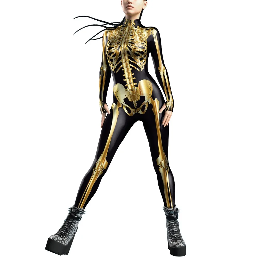 Teanoon Skeleton Catsuit Men Women Jumpsuit Halloween Costume Carnival Zentai Bodysuit Scary Party Outfit Purim Clothes