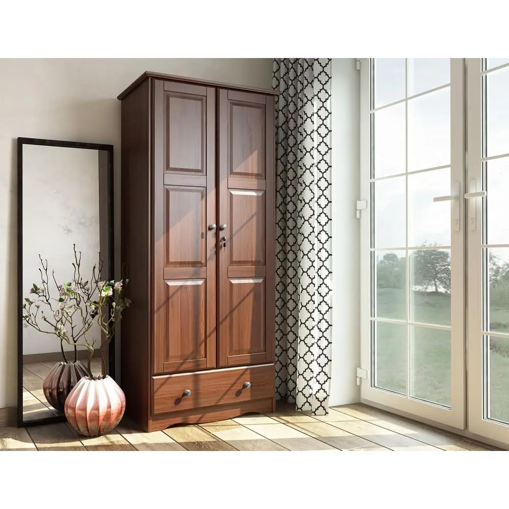 

Durable Solid Wood Flexible 2-Door Wardrobe with Raised Panels and Metal Handles