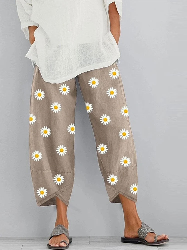 Capri Pants Women\'s Casual Pants Summer Print Cut Versatile And Comfortable Loose Pants Beach Pants With Pockets Women