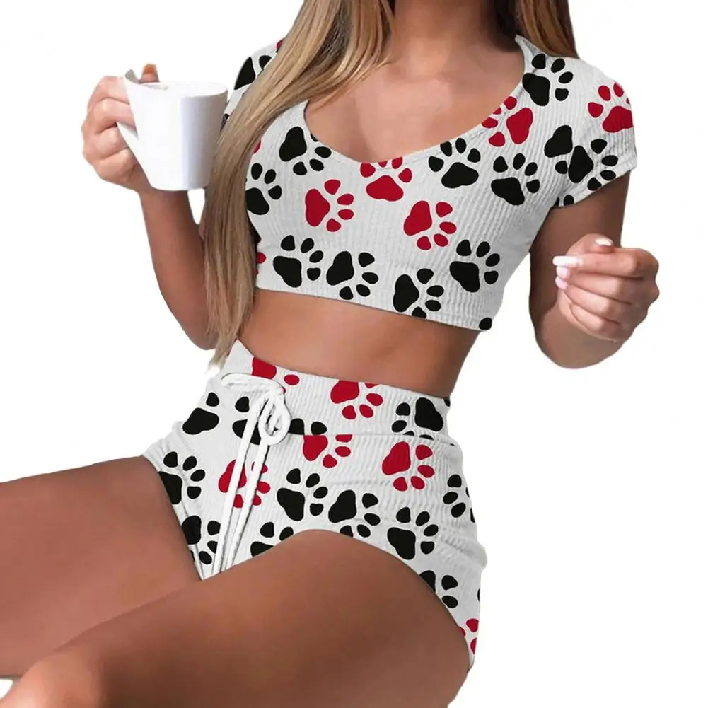 2 Pcs/Set Women Pajamas Set V Neck Cartoon Paw Print Color Matching Drawstring High Waist Slim Fit Short Sleeve Top Shorts Set