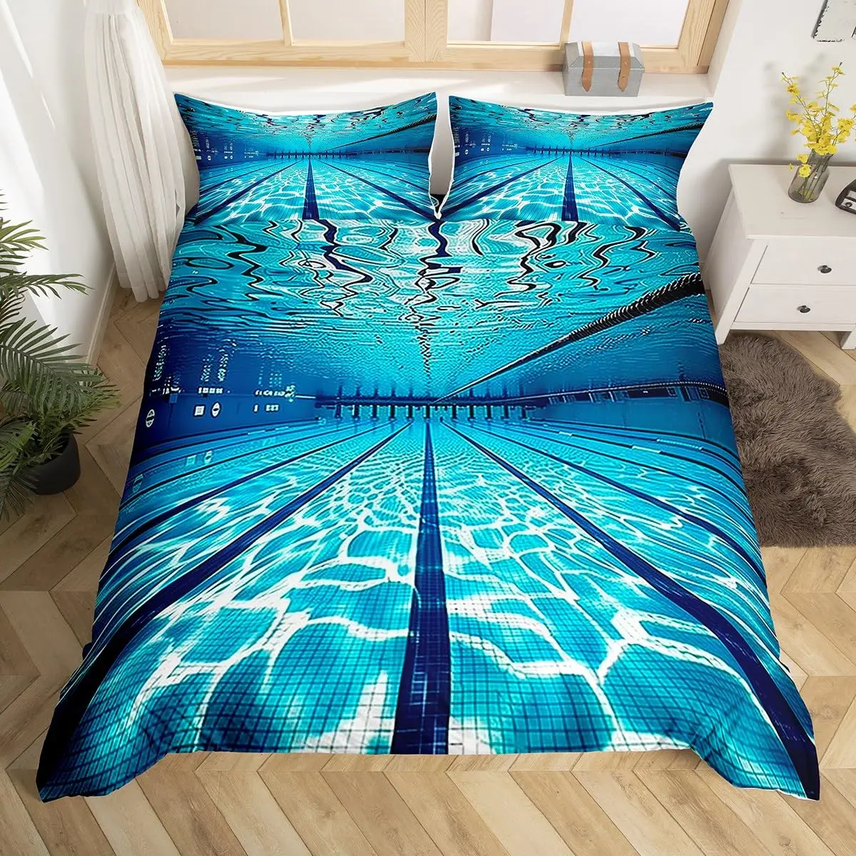 Swimming Themed Duvet Covers for Kids Teens Queen King Size Lightweight Down Room Decor 2 Pillowcases 1 Comforter Cover No Quilt