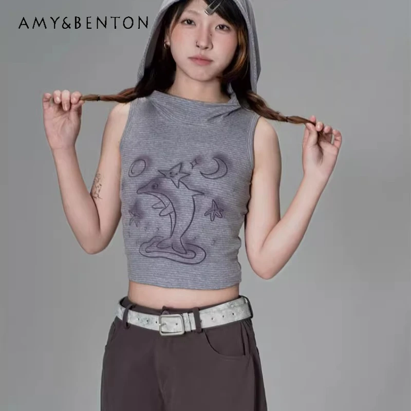 

Vintage Gray Striped Hooded Women's Vest Summer New Sweet Cool Animal Print Slimming Design Versatile Short Top T-shirt Ladies