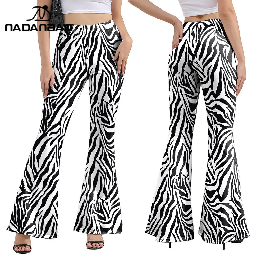 

Nadanbao Women's Leggings Hippie Retro Zebra 3D Printed Flared Pants High Waisted Wide Leg Pants Casual Trousers