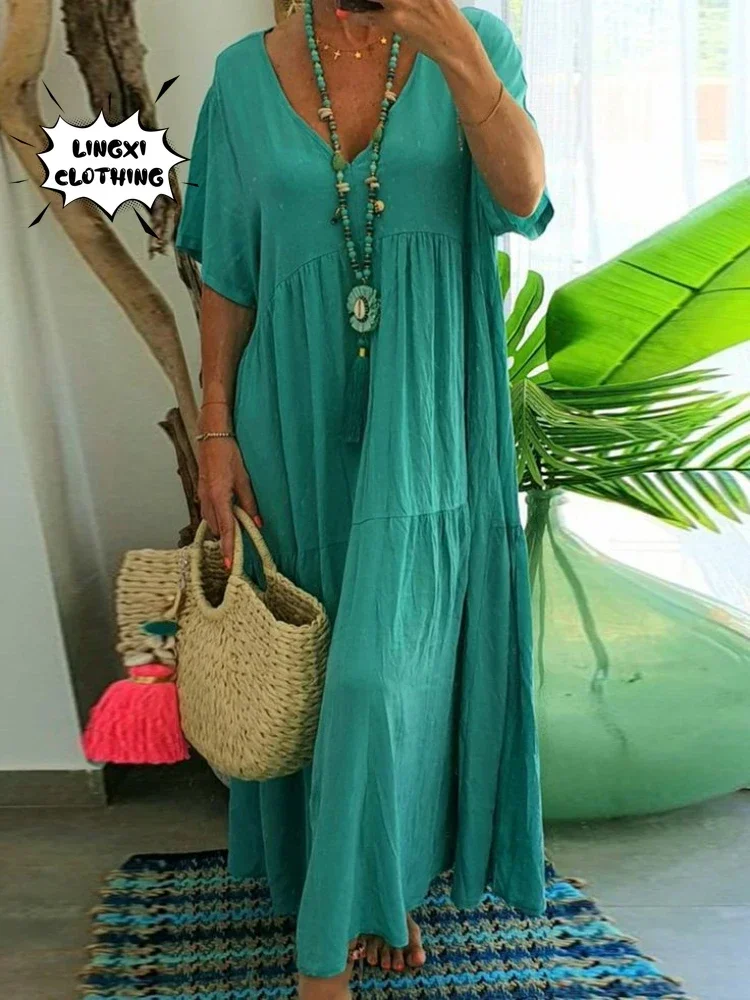 2024 Summer Fashion New Women\'s Long Dress V-neck Irregular Solid Color Cotton Elegant Large casual long hem retro dress