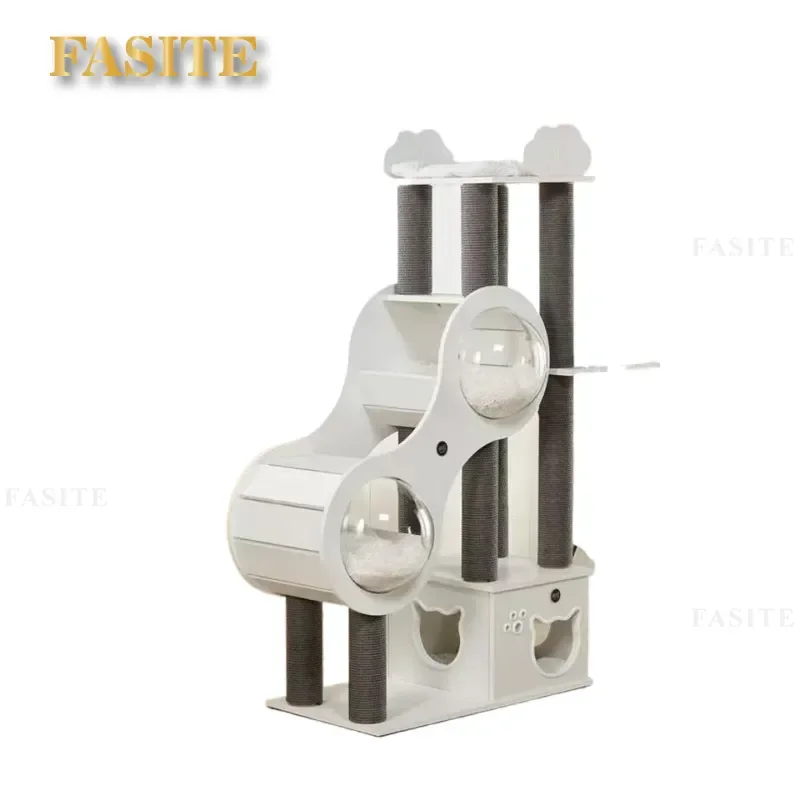 For Small Apartment Cat Climbing Frame Space Capsule Cat Tree Tower with Scratching Post Stairs Nest Toy Compact Vertical