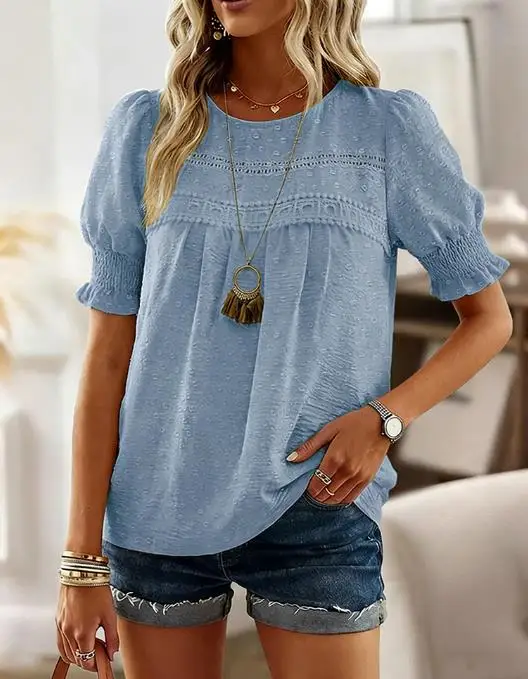 Camisa informal de gasa de verano para mujer con costuras simples de encaje con cuello redondo y diseño de Jacquard hueco, con mangas de burbuja