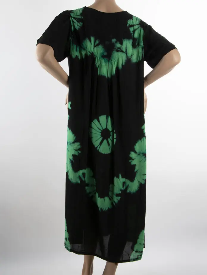 Short sleeve 100% Cotton fashion ladies African Tie die summer batik dress green SAMIRAA with head scarf  coverchief