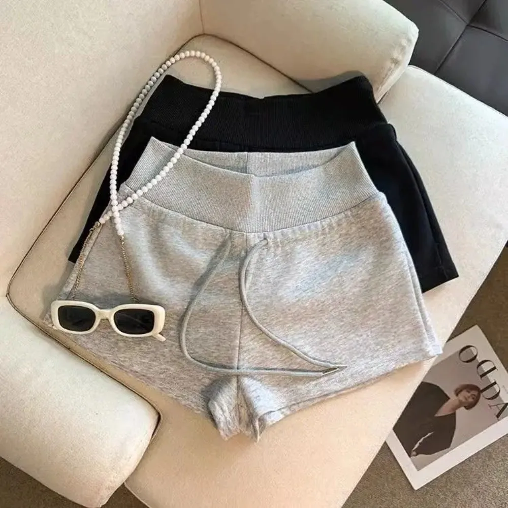 Breathable Drawstring Women Sports Shorts Low-rise Slim Fitting Sweat Shorts Black/Grey Casual Pants Summer