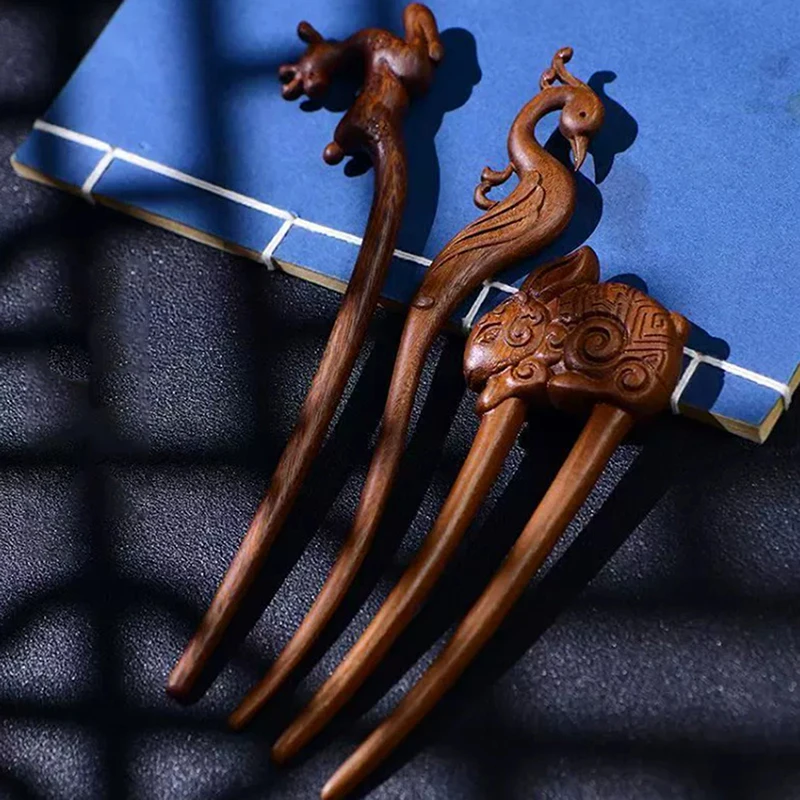 الصينية خشب الصندل الشعر العصي الشوك الرجعية نمط اليدوية منحوتة دبوس الشعر زهرة الحيوان تصاميم عيدان نمط النساء #3