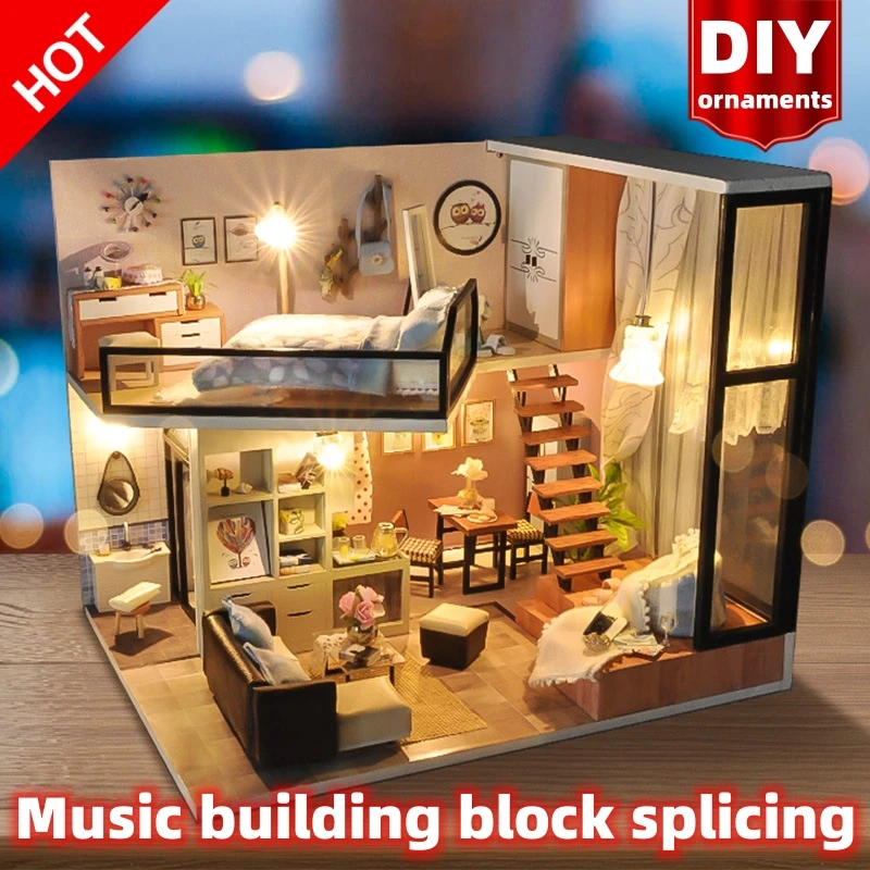 DIY decoration music block splicing Assemble Wooden House kit Miniature Dollhouse  With Furniture Lights festival Kid gift Toy