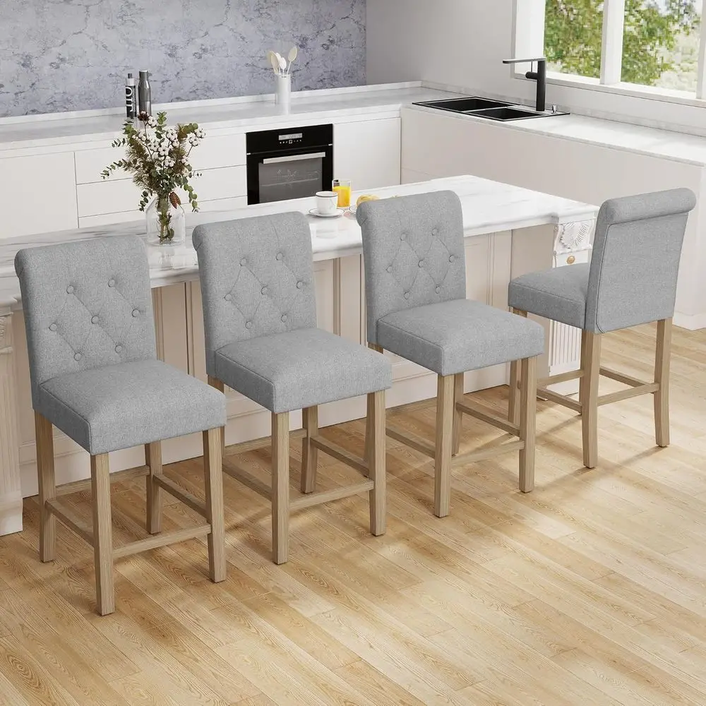 

Set of 4 Beige Upholstered Counter Height Bar Stools with Button Tufted Back for Home Kitchen Island
