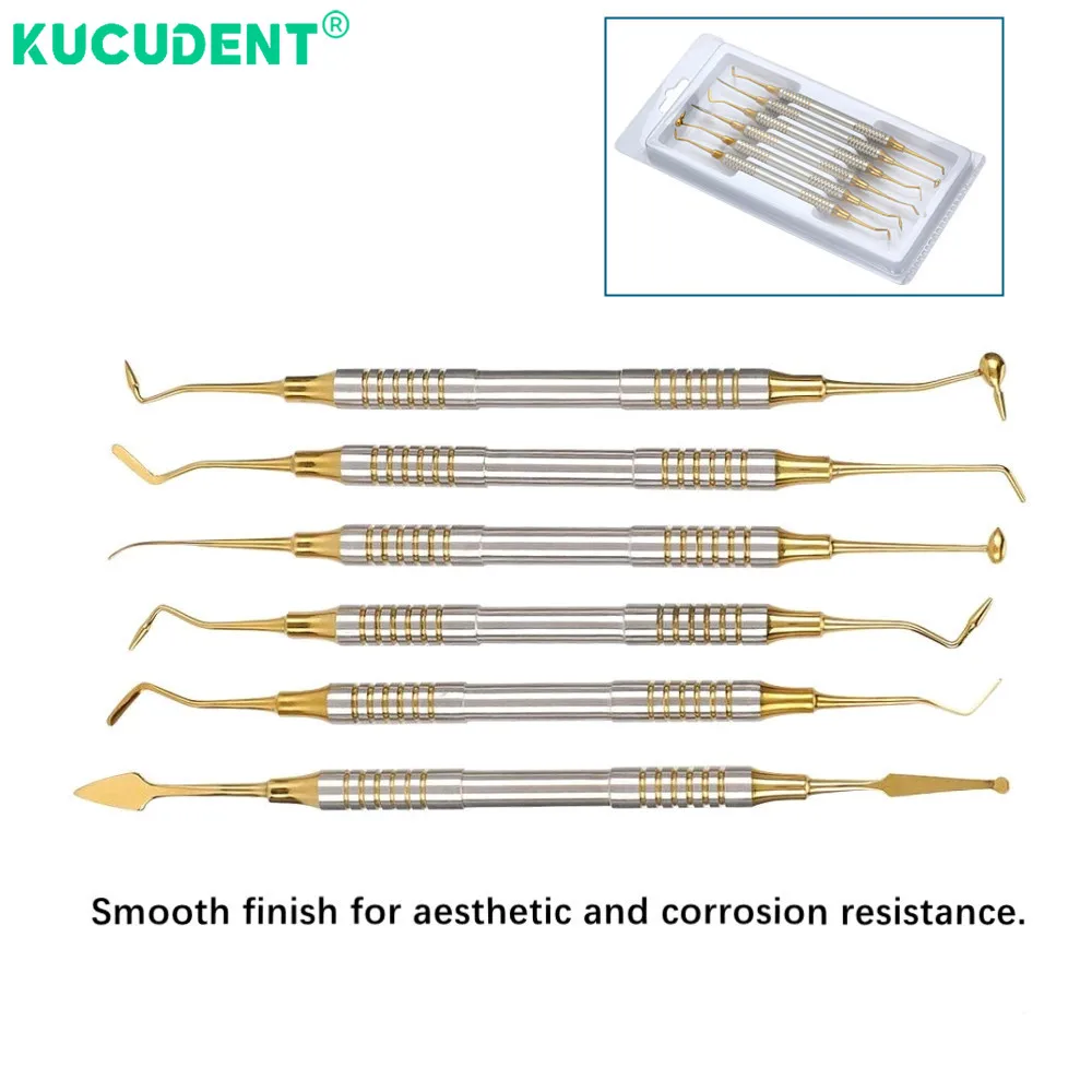 

6pcs/Set Dental Composite Resin Filling Spatula Titanium Plated Head Resin Filler Thick Handle Lab Dentistry Instrument Material