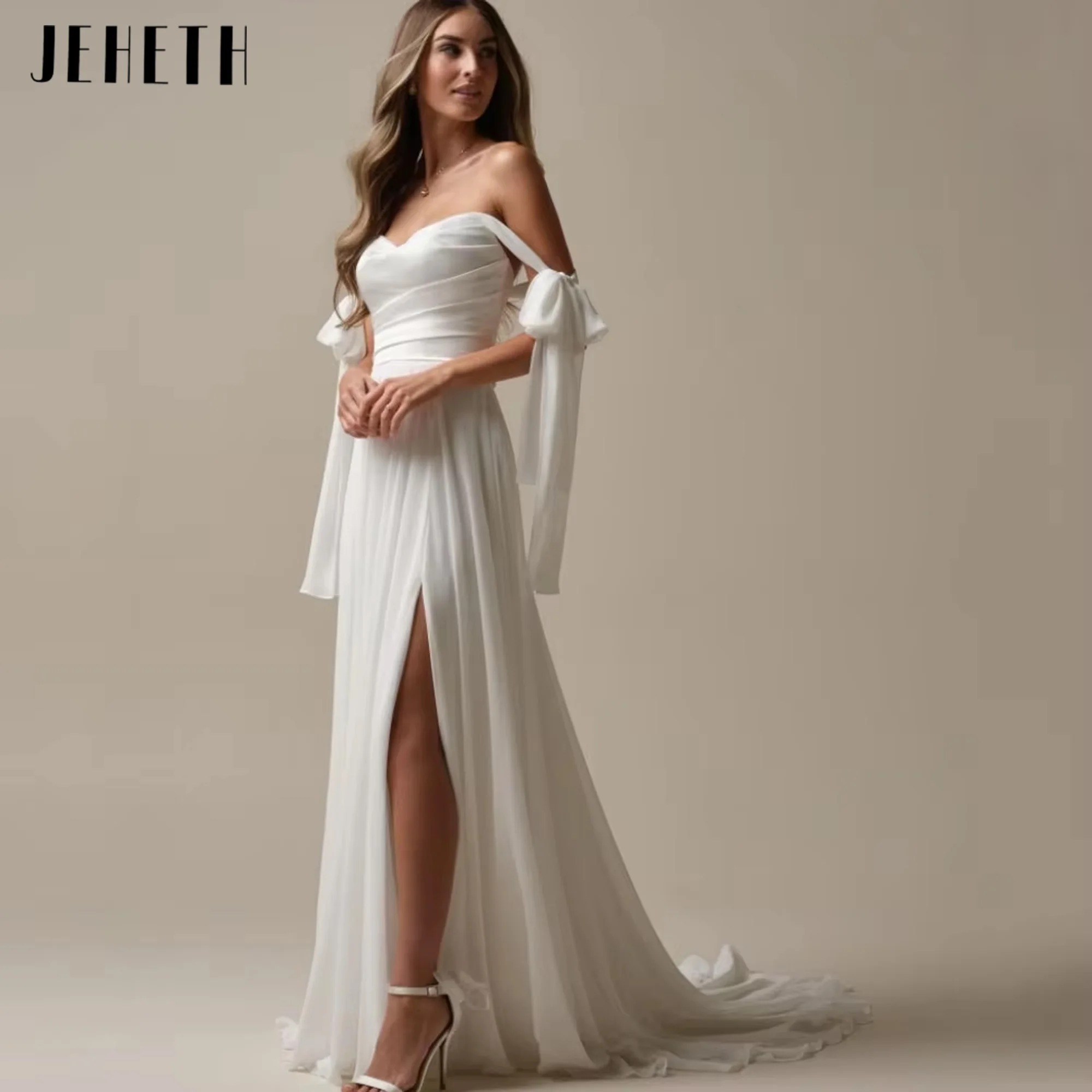 

JETETH Simple Wedding Dresses Elegant A Line Split Sweetheart Bride Dress Off Shoulder Gowns Bridal Vestidos De Novia Customized