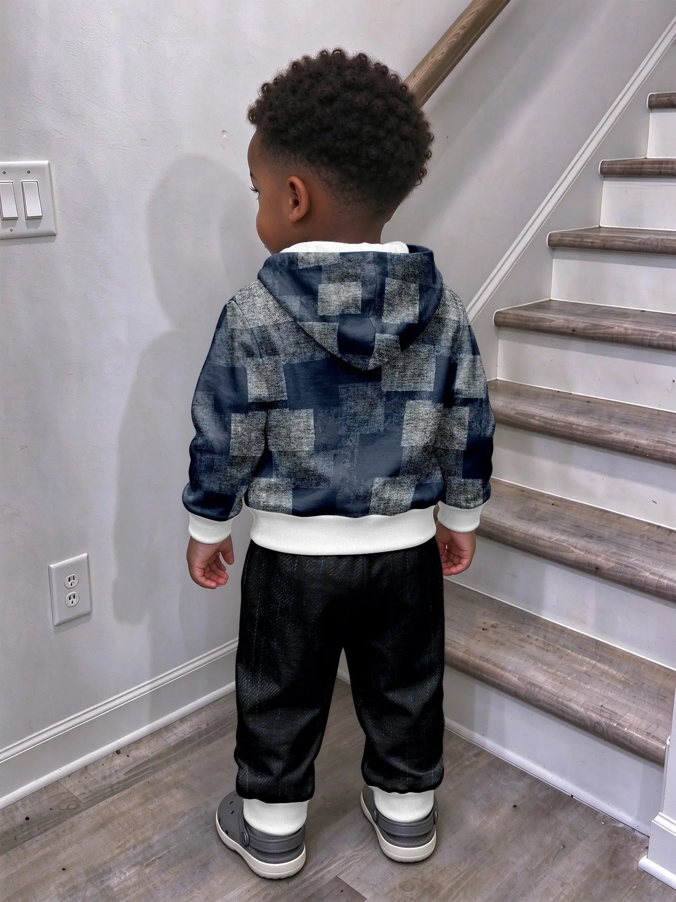 Infant Navy Geometric Texture Raglan Sleeve Zip Hooded Sweatshirt and Pants Set Top without Pockets, Pants with Pockets Jogger C 2