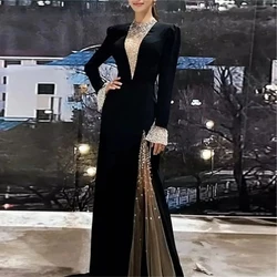 Black Vintage Prom Dresses 2023 Sparkle Long Sleeves Glitter O-Neckline Mermaid Evening Gowns Robes De Soirée Vestidos Graduació