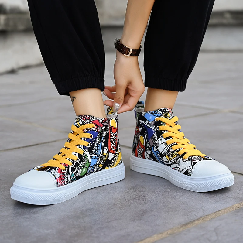 Couple Colorful Canvas Shoes Men High-top Lace Up Flats Graffiti Vamp Female Spring Summer Casual Sneakers Size 35-44 Chaussure