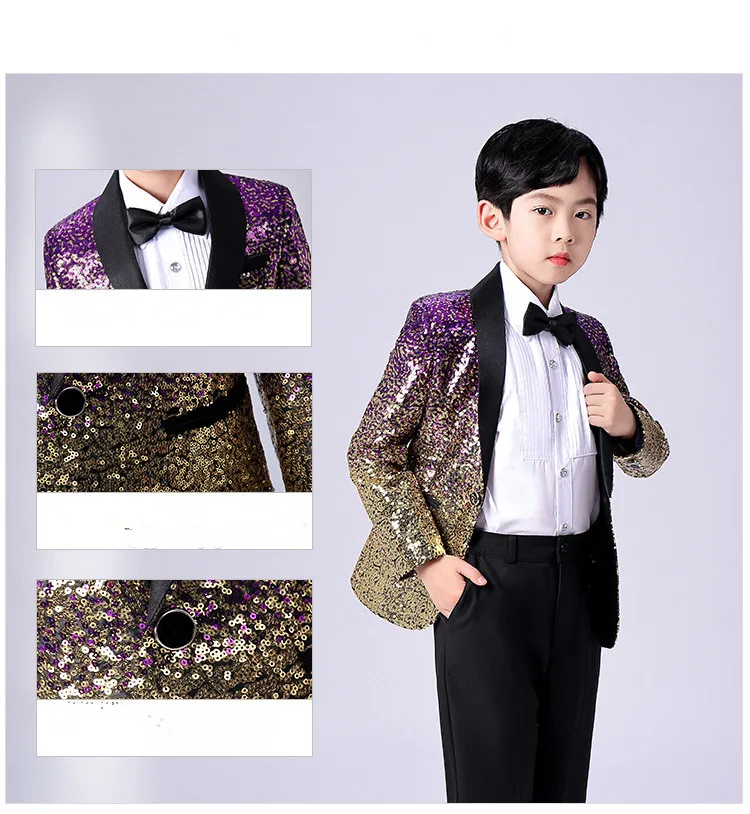 Boys Fashionable Gradient Sequins Jacket Pants Tie 3pcs Wedding Party Suits Kids Piano Performance Costume Photography Dress