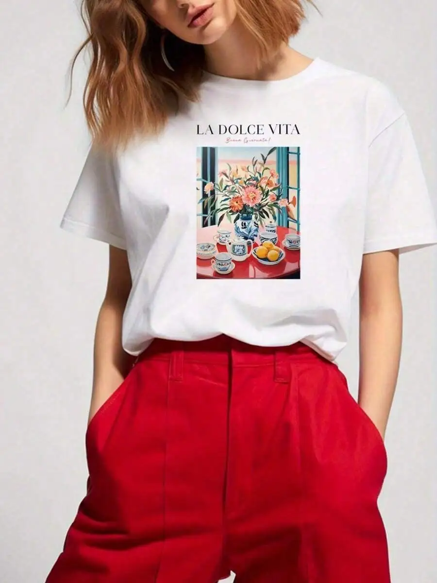 100% Cotton Women S LA DOLCE VITA Letter Print T-Shirt, Casual Crew Neck Short Sleeve Top