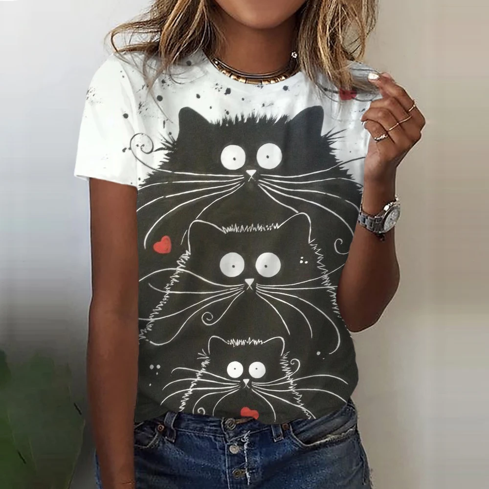 Fashion Women\'s T-Shirt Cat Printed Short Sleeve Female Harajuku Tees T Shirt Oversized O-Neck Tops Animal Funny Ladies Clothing