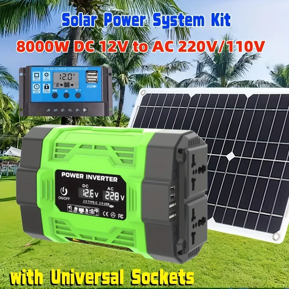 8000W Solar System Kit,12V to 110V/220V AC Inverter +600W Solar Panel +100A Controller, for RV, Car, Laptop Charging
