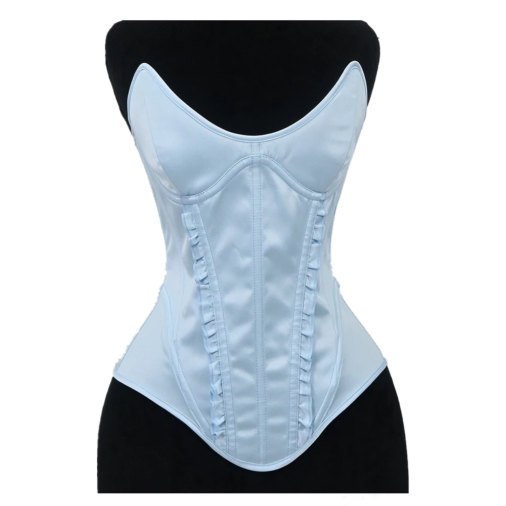 Women Overbust Corset Light Blue Lace Up Fishbone Palace Bodice Tops Vintage Strapless Body Shaper Bustier Stage Costume
