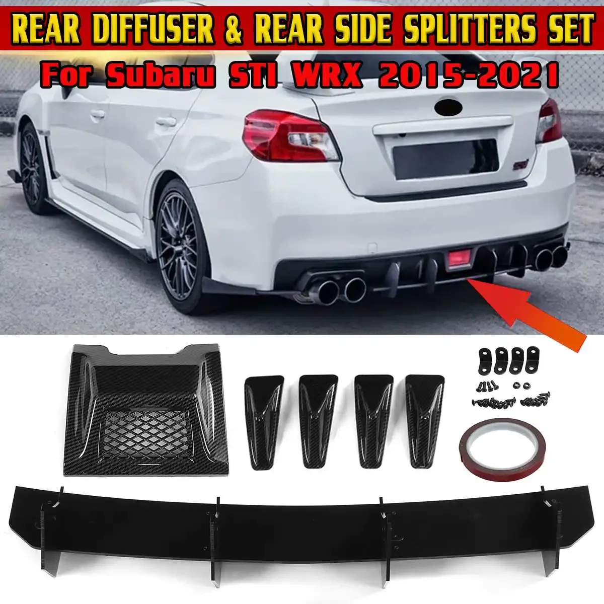 

Red/Carbon Fiber Look Car Rear Bumper Diffuser Lip Spoiler Side Splitters Lip Shark Fins Lamp Cover For Subaru STI WRX 2015-2021