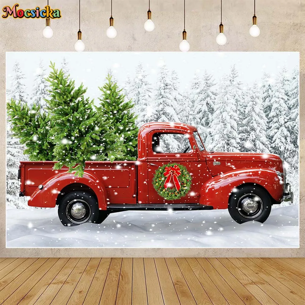 

Mocsicka White Christmas Backdrop Snow Pine Forest Red Car Xmas Wreath Winter Snowfiled Kids Portrait Photo Background Photocall