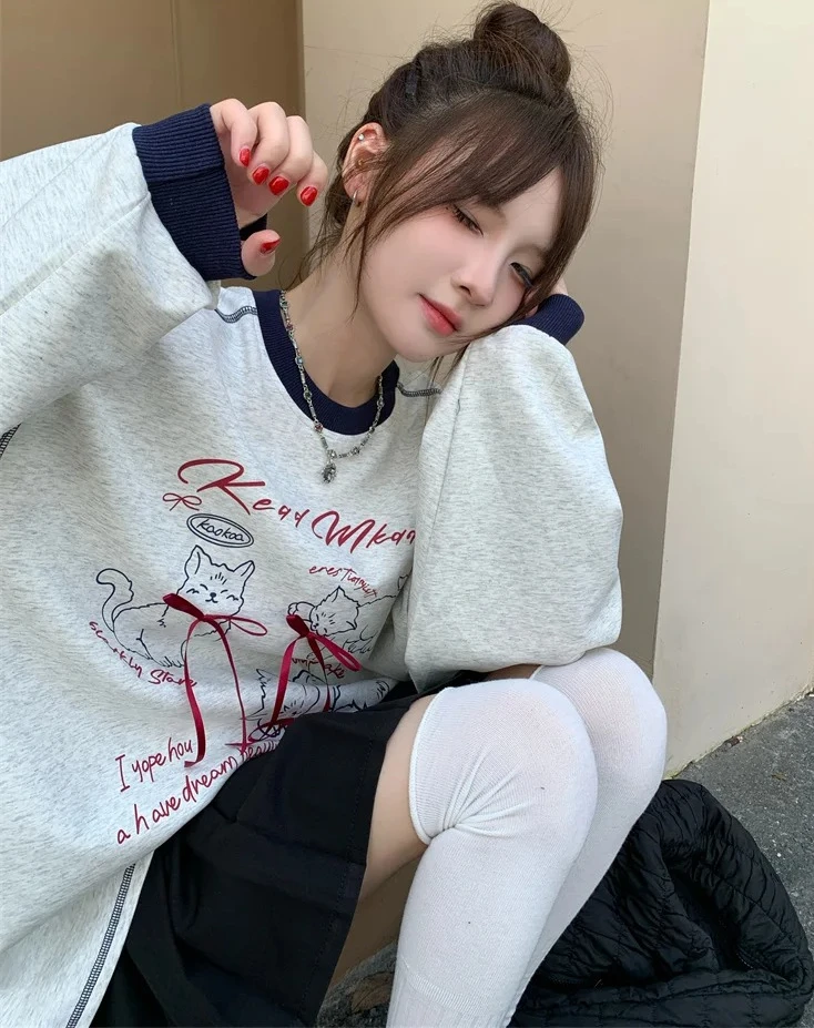 

Толстовка женская, свободная, удобная, с узлом, с принтом, модный корейский дизайн, осенняя новинка